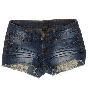 Black Crystal Shorts Size 5 Juniors Distressed Dark Blue Raw Hem Measures W28